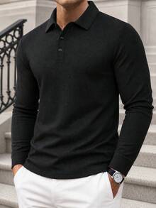 Men's Spring/Autumn Daily Commute Fashion Casual Solid Color Minimalist Long Sleeve Polo Shirt - Black - View 2