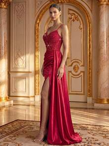 Smilprince Women's Sleeveless Red Woven Formal Dress, Sequin Bodycon Bustier, Spaghetti Straps, High Slit Design, Maxi Length Wedding Party - Burgundy - View 5