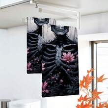 2/4/48pcs Halloween Series Pink Flower Skull Skeleton Pattern Printed Kitchen Towels - Ultra Soft, Highly Absorbent Polyester Dishcloths And Hand Towels, Perfect For Holiday Decor, Kitchen Decor, Party Decor - Multicolor - View 5