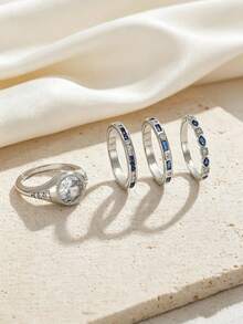 4pcs Chic Bridal Ring Set Women Round Blue Zirconia Engagement Ring Stackable Wedding Silver Color Stacking Ring Wedding Party Jewelry Accessories Gift - Set - View 3