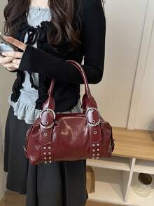 1pc Multifunctional Rivet Handbag, Vintage Motorcycle Style Rivet Decor PU Leather Shoulder Bag, Punk Rock Underarm Bag, Suitable For Work, Commute, Date, Party And Music Festival - Burgundy - View 3