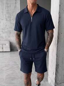 YUNCHIC Old Money Style Textured Ribbed Half-Zip Polo Set Men's Navy Blue Lightweight Breathable Casual Short Sleeve Shirt And Shorts 2-Piece Set - Navy Blue - View 3