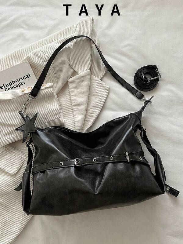 New Vintage Fashion Soft Faux PU Leather Bucket Bag, Metal Strap And Pendant Decor, Zipper Opening, Lightweight Minimalist, Large Capacity Shoulder Bag, Suitable For Women's Daily Life, Casual, Commuting, Work, Vacation And Student Use