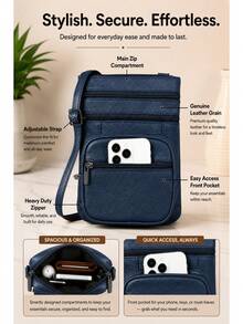 Women's Genuine Leather Crossbody Bag, Adjustable Shoulder Purse, Lightweight Travel Handbag For Work, Shopping & Daily Use - 藏蓝色 - 查看 2
