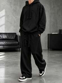 HEYKESON Men's Hoodie & Wide Leg Sweatpants 2 Pieces Loose Casual Sports Set - Black - View 6