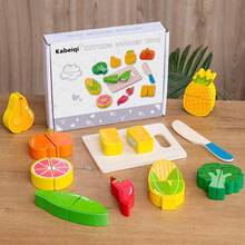 Mainan Dapur Kayu, Set Dapur Bermain Peran, Permainan Memasak Simulasi, Termasuk Memotong Buah dan Sayuran Realistis, Penuh Keseruan - MultiWarna - View 8
