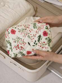 Quilted Floral Hair Dryer Storage Bag, Cute Solid Color Fluffy Makeup Bag, Internal Compartment Fixed Design, Curling Iron Storage Bag, Hair Clip Storage Bag, Makeup Bag, Jewelry Storage Bag, Travel Zipper Small Bag, Multi-Functional Storage Bag With Handle, Hair Dryer Holder, Hair Styling Tool Storage Bag, Styling Tool Bag, Portable Travel Storage Bag, Suitable For Cosmetics, Skincare Products, Curling Irons - Rose-red Flowers - View 8