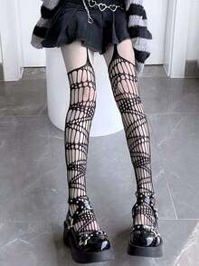 1 Pair Hollow Out Suspender Pantyhose For Women (Underwear Not Included) - Black - View 4