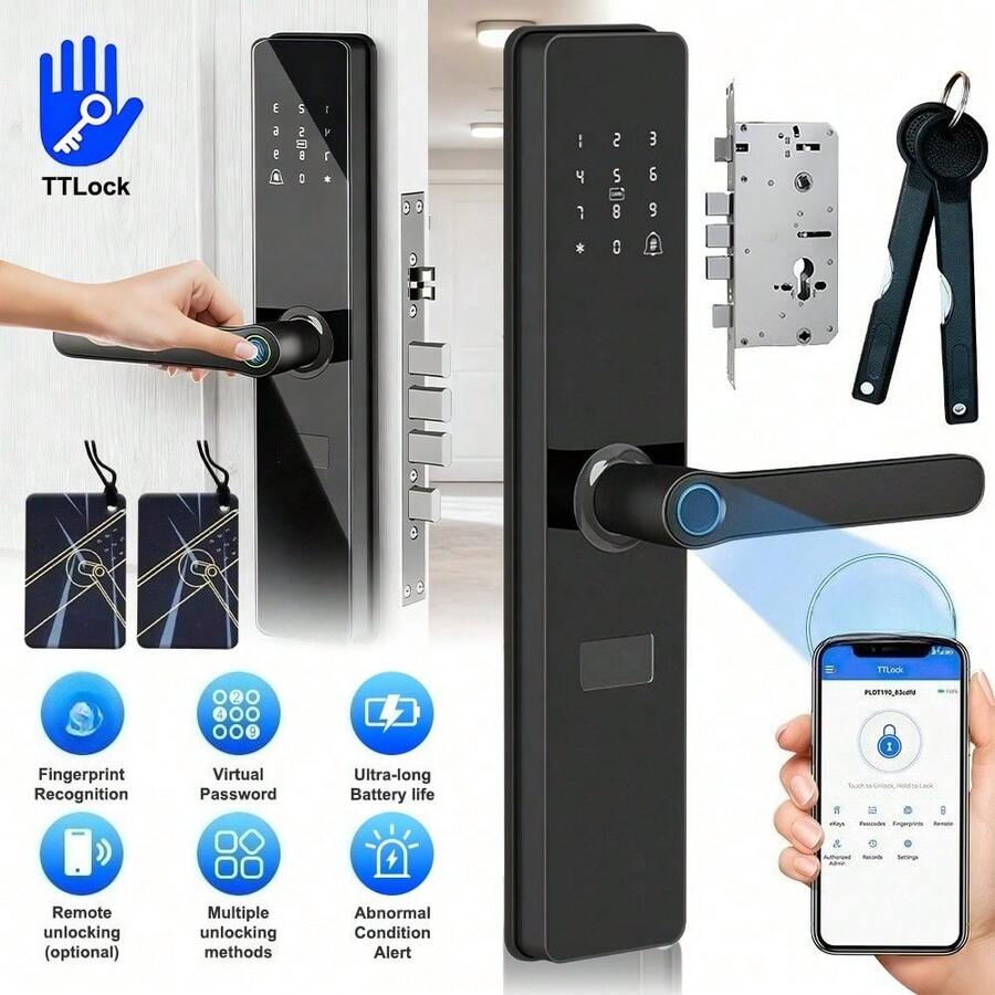 Cerradura inteligente capacitiva con huella dactilar, manija y teclado (incluye llave y tarjeta) – Olvídese de las llaves perdidas, entrada sin llave y acceso remoto, bloqueo automático y con un solo toque | Cerraduras inteligentes digitales | Fácil instalación | Resistente al agua IP54, apta para hogares, - Negro - Ver 1