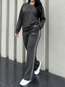 Two-Piece Set: Women's Color-Blocked Loose Long-Sleeve Crew Neck Top And Wide-Leg Pants Suit, Suitable For Daily Casual Wear And Outdoor Sports - Grey - View 5
