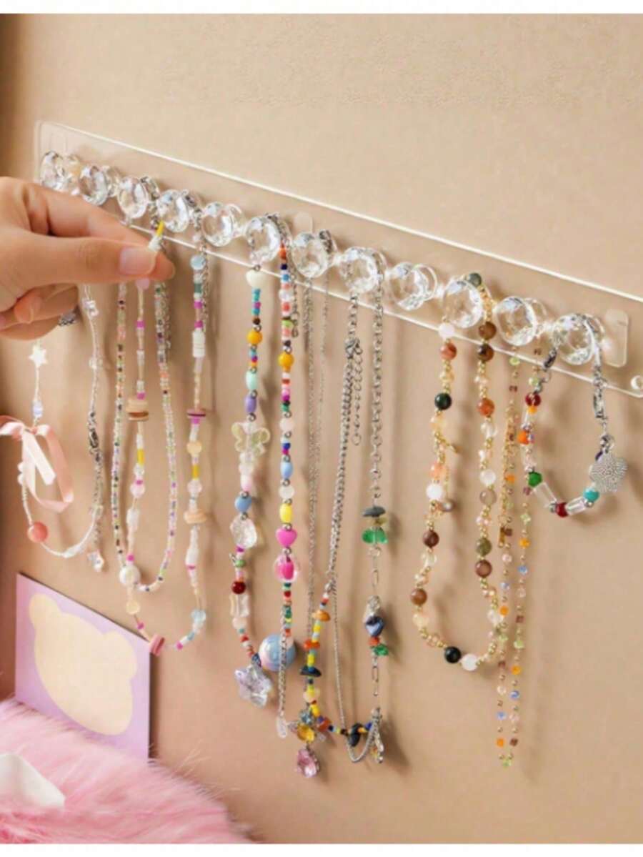 1pc Jewelry Storage Rack Necklace Bracelet Earring Ring Hanging Rack Transparent/Pink Wall-Mounted Vanity Mirror Cabinet Jewelry Display Stand - Clear - View 1