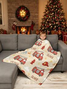 Personalized Fire Truck Pattern Fleece Blanket, Custom Name Print, Soft Warm Throw Blanket, Custom Decor - Multicolor - View 2