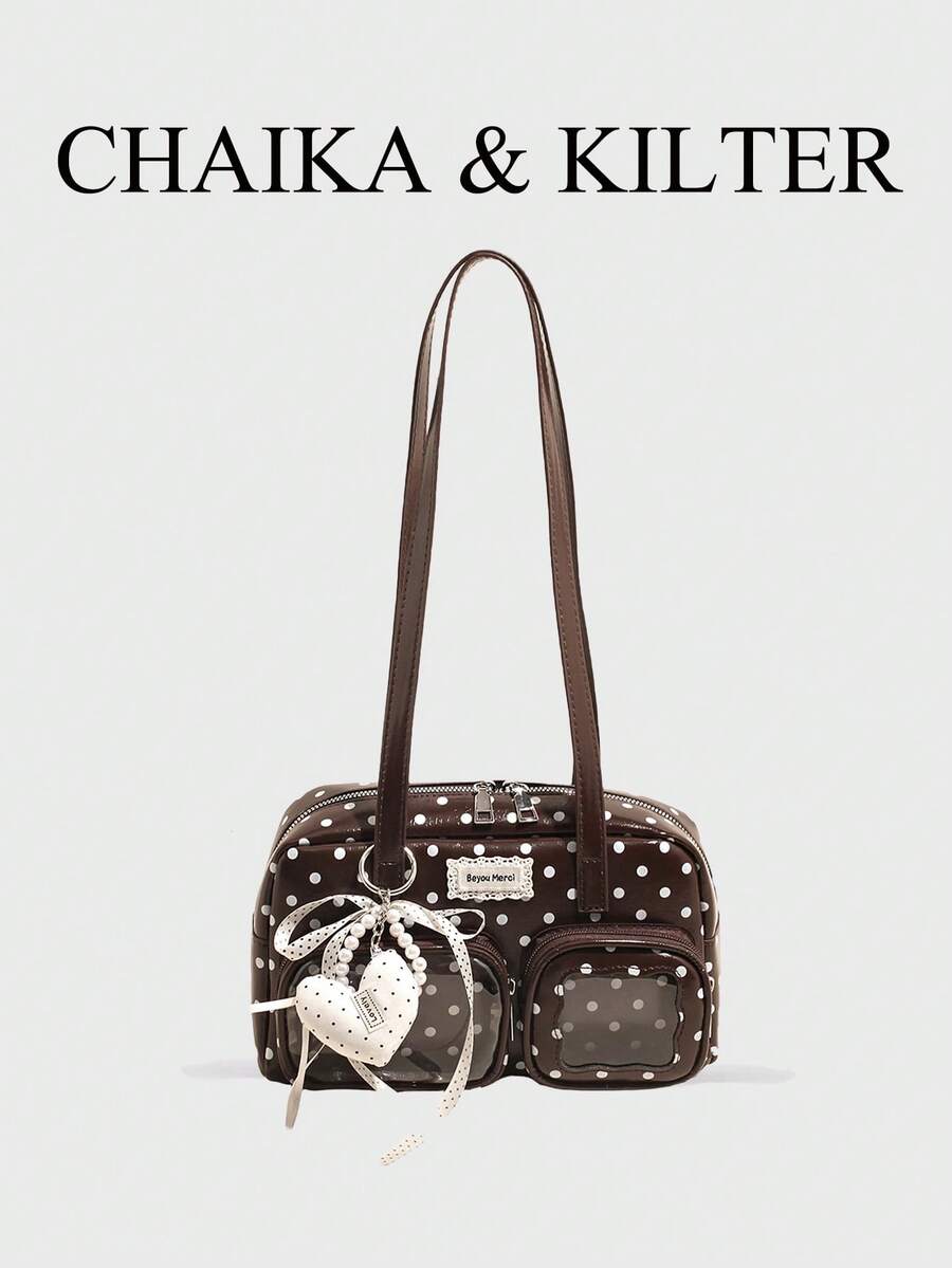 CHAIKA & KILTER 1件裝純色亮面PU布料女款時尚多口袋大容量波士頓保齡球肩背包，滿版波點圖案，拉鍊開合，適合日常與街頭使用（附吊飾）