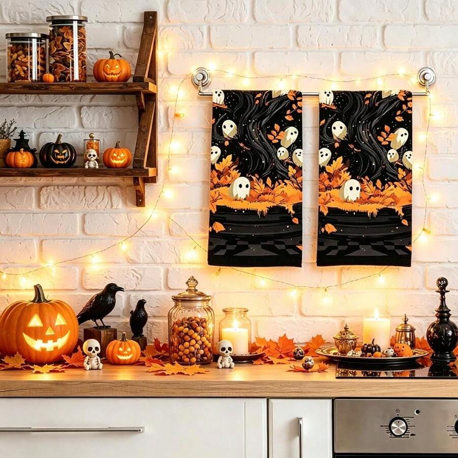 2/4/48pcs Halloween Series Glass Dome Elf Ghost Pattern Printed Kitchen Towels - Super Soft, Highly Absorbent Polyester Tablecloths And Hand Towels, Perfect For Holiday Decor, Kitchen Decor, Party Decor.