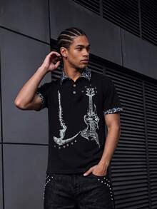 Men's Black Skull Guitar Print Polo Shirt, Contrast Leopard Collar Cuff Casual Short Sleeve Top - Multicolor - View 8