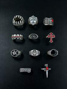 11pcs Gothic Men's Ring Set Punk Hip Hop Multi-Piece Finger Rings Party Vacation Daily Wear Fashion Jewelry Gift Unisex - Silver - View 5