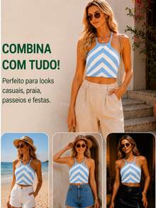 Women Knit Tops - Blue and White - View 5