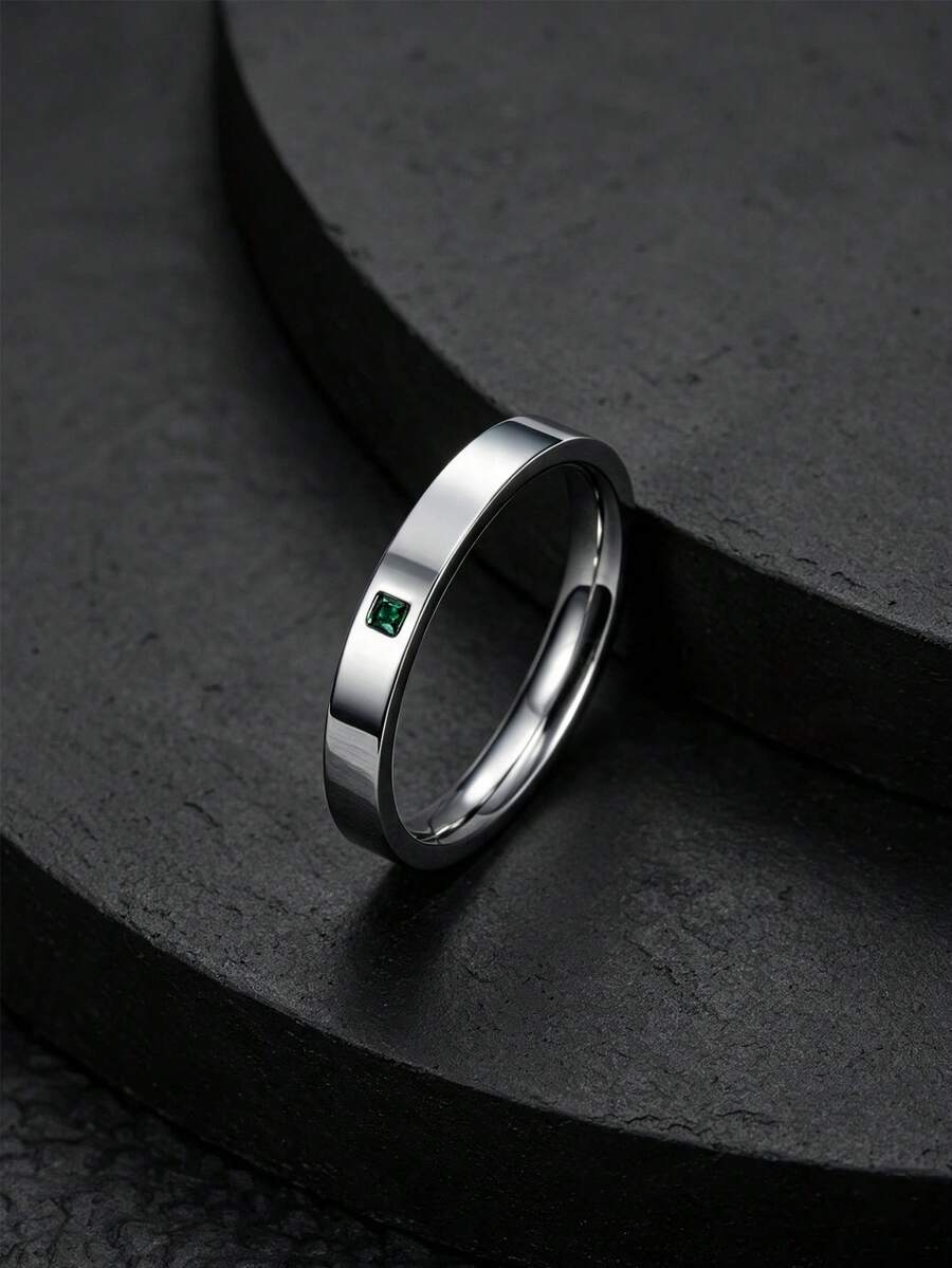 MONALLY Minimalist Stainless Steel Simple Thin Band Ring For Women, Tiny Square Green Cubic Zirconia Minimalist Stackable Ring Daily Jewelry Gift - Ring - View 1