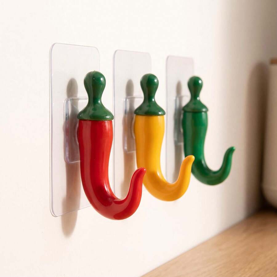 6pcs Creative Chili Pepper Kitchen Hooks, Self-Adhesive No-Drill Design, Strong Load-Bearing, Chili Shape, Suitable For Multiple Scenes, Can Hang Plastic Bags, Towels, Cleaning Cloths, Keychains And Other Daily Items