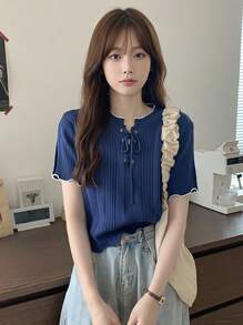 Yorily Women's Short Sleeve Fitted Contrast Color Knit Top, Summer Casual - Navy Blue - View 2