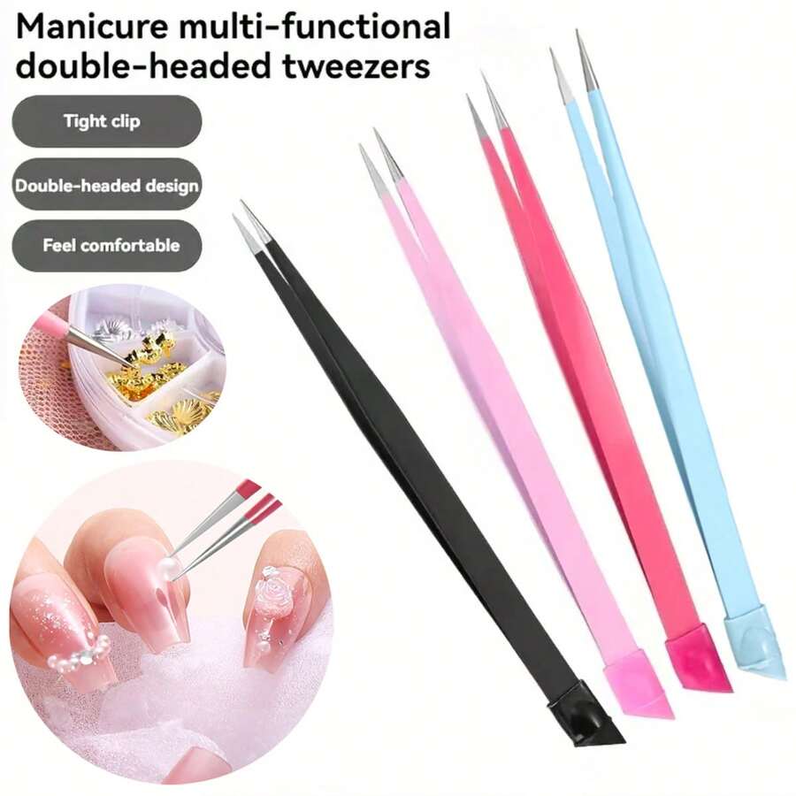 1pc/4pcs Double-Ended Nail Art Tweezers With Silicone Presser - Precise Rhinestone Application Tool, Durable And Easy-To-Use Odorless Nail Art Tool, Suitable For Nail Art Enthusiasts - Tweezers - View 1