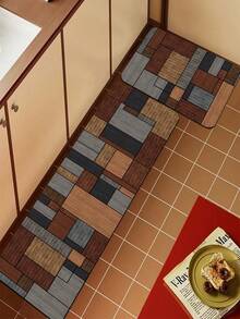 1pc Diatomaceous Earth Kitchen Floor Mat With Patchwork Style Geometric Pattern. The Mat Is Composed Of Multi-Colored Squares, Some Solid And Some With Stripes, Arranged In An Alternating Pattern To Create A Rich And Lively Visual Effect. Luxury Fashion Style Anti-Fatigue Kitchen Rug, Fabric Surface With Absorbent Sponge Core - Multicolor - View 2