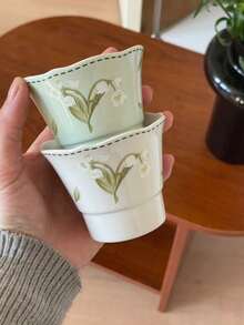 3pcs 130ml Vintage Lily Of The Valley Ceramic Tea Cups, Hand-Painted Hand-Held Ruffled Small Tea Cups, Casual Cups, Afternoon Tea Cups, Suitable For Hosting Guests, Small Capacity Coffee Cups, Home Cups, Restaurant Hand-Held Cups - Lily Of the Valley - View 1