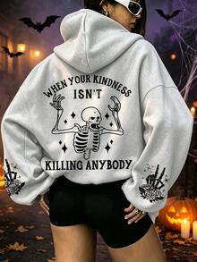 Damen Lässig Dünnes Sweatshirt mit Schädel-Muster, geeignet für den täglichen Gebrauch, Ausflüge, Partys, Campus, Musikfestivals, Urlaub, Pendeln. Kann als Geschenk an Familie, Freund, Freundin, Freunde gegeben werden, unverzichtbares Winter-Sweatshirt für Mädchen - Hellgrau - Übersicht 1