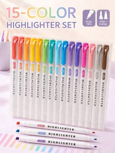 1 Set Soft Multi-Color Dual-Tip Fluorescent Markers, 17*14cm Portable Set, Fresh Macaron Low-Saturation Color Design, Dual-Tip Fiber Nib, Thick And Thin Tip Options, Dual-Use, Quick-Drying And Vibrant, Suitable For Coloring, Highlighting, Highlighting Effects, Note Categorization, Textbook Highlighting, Planner Decoration, Coloring, Artistic Creation And Office Document Marking