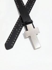 1pc Men's Black Y2K Punk Studded Star Buckle Casual Belt, Versatile Accessory For Jeans, Suitable For Daily Wear - Black - Cross - View 2
