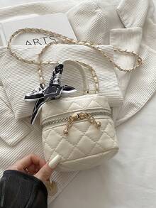 White Quilted Chain Small Square Bag, Mini Handheld Makeup Bag, Versatile Crossbody Bag With Heart Charm, Commuter Handbag - White - View 9