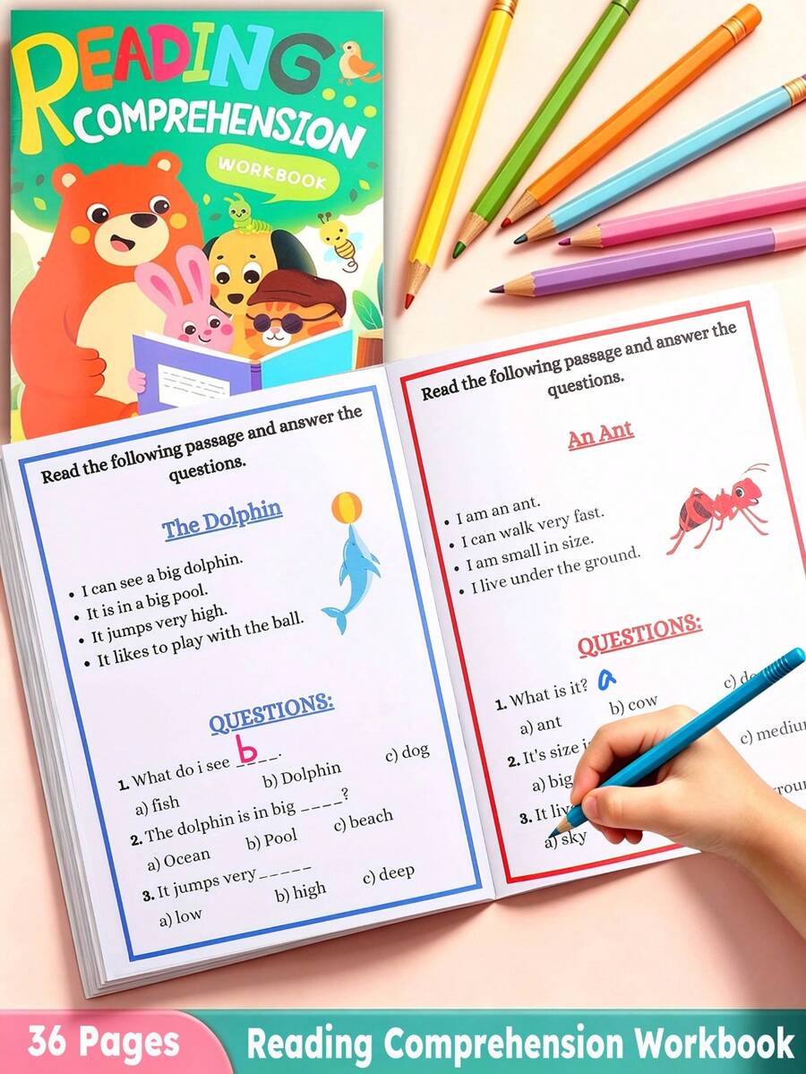 36Pages Cartoon Illustrated Reading Comprehension Workbook, Fun Story Activities Boost Literacy & Critical Thinking For Kids Ages 3+, Learning Exercise Book, School Supplies