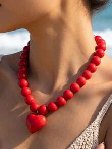 1pc Red Round Bead Heart Pendant Necklace, Gothic Exaggerated Women's French Minimalist Design Collarbone Chain, Daily Dopamine Candy Color - Red - View 5