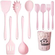 Non-Stick Silicone Kitchen Utensil Set, Heat-Resistant Cooking Tools, Kitchen Utensil Set, Includes Spatula, Soup Spoon, Strainer, Scraper, Brush, Food Tongs, Pasta Spoon, Heat-Resistant Silicone Kitchen Tools - Pink - View 8