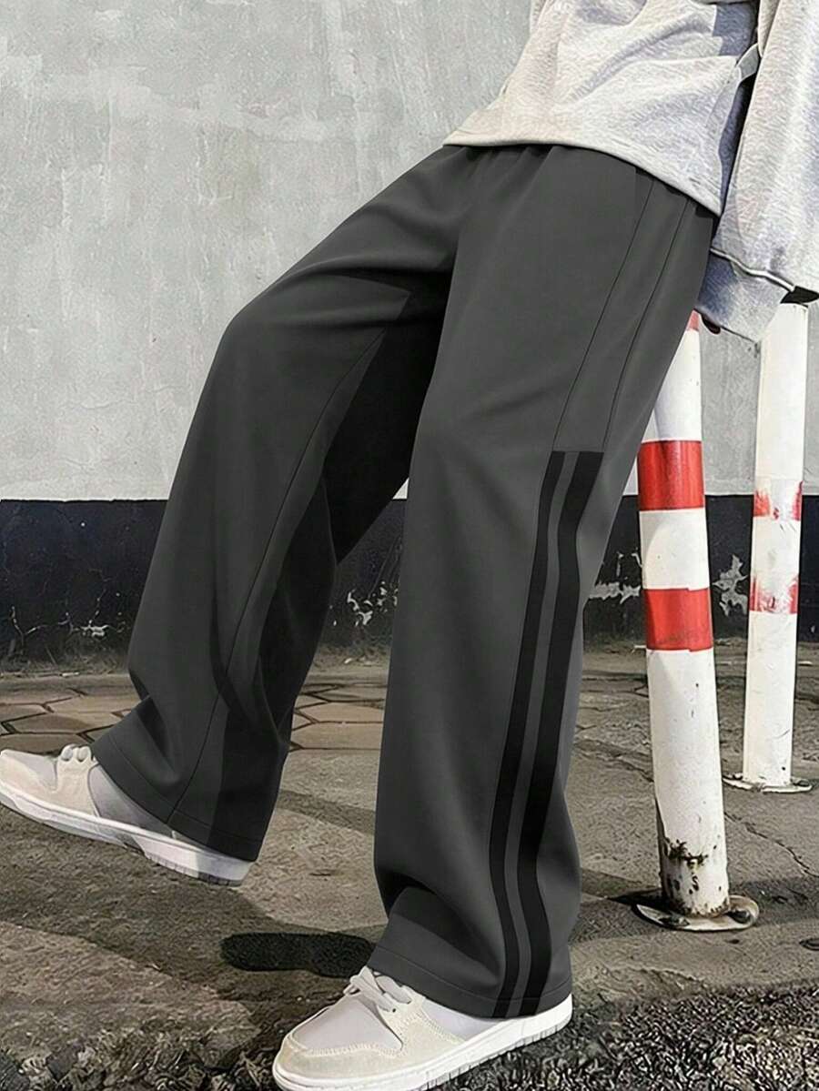 1pc Boys' Comfortable Sports Side Stripe Versatile Loose Casual Long Pants - Dark Grey - View 1