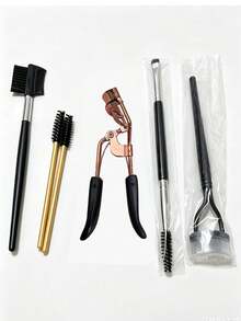 6-teiliges Make-up-Pinselset, enthält Wimpernbürste, Wimpernzange, doppelseitige Augenbrauenbürste, Multifunktions-Augenbrauen- & Wimpernkamm, Wimpernhilfe-Werkzeug mit Kamm - Verschiedenfarbig - Übersicht 6
