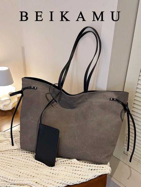 Fashion Canvas Tote Bag Large Capacity Commuter Shoulder Bag, Minimalist Drawstring Design Casual Mother-Daughter Bag, Suitable For University, Commuting, Shopping, Street Shopping, Daily Use
