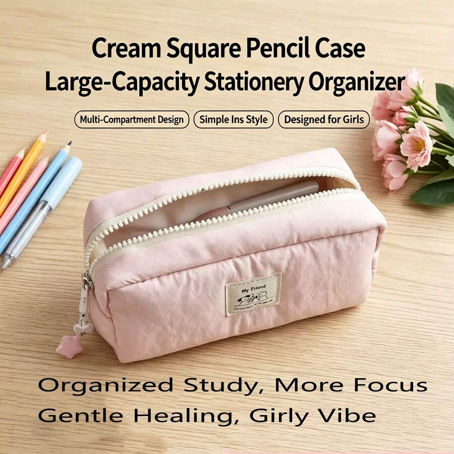 Large Capacity Solid Color Multi-Function Stationery Storage Bag, School Office Storage Bag, Portable Makeup Storage Bag, Home Small Item Storage Bag, Back To School Essential, Soft And Comfortable, Suitable For Students, Professionals And Stationery Enthusiasts - Single Piece - View 1