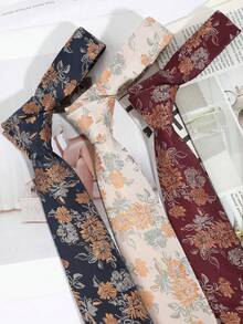 1pc High Density Vintage Floral Print Narrow Tie, Elegant Flower Pattern Decorated Tie, Unisex Casual & Formal Shirt Accessory - Multicolor - View 1