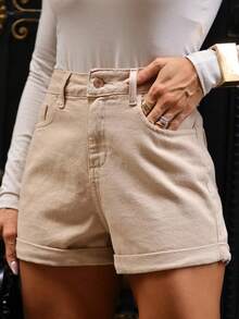 Women Denim Shorts - 米色 - 查看 12