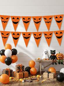 12pcs Halloween Funny Pumpkin Face Triangle Bunting, Orange Ghost Face Pattern Hanging Decor, Suitable For Halloween Party Background Decoration, Home Wall Decor, Store Window Display, Holiday Atmosphere Decoration - Multicolor - View 7