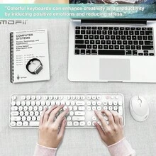 MOFII Ergonomic 2.4GHz Plug-And-Play Wireless Keyboard And Mouse Combo, Compatible With PC/Laptop/Desktop, 104-Key Full-Size Retro Round Keycap Typewriter Keyboard With Wireless Optical Mouse - White - White - View 2