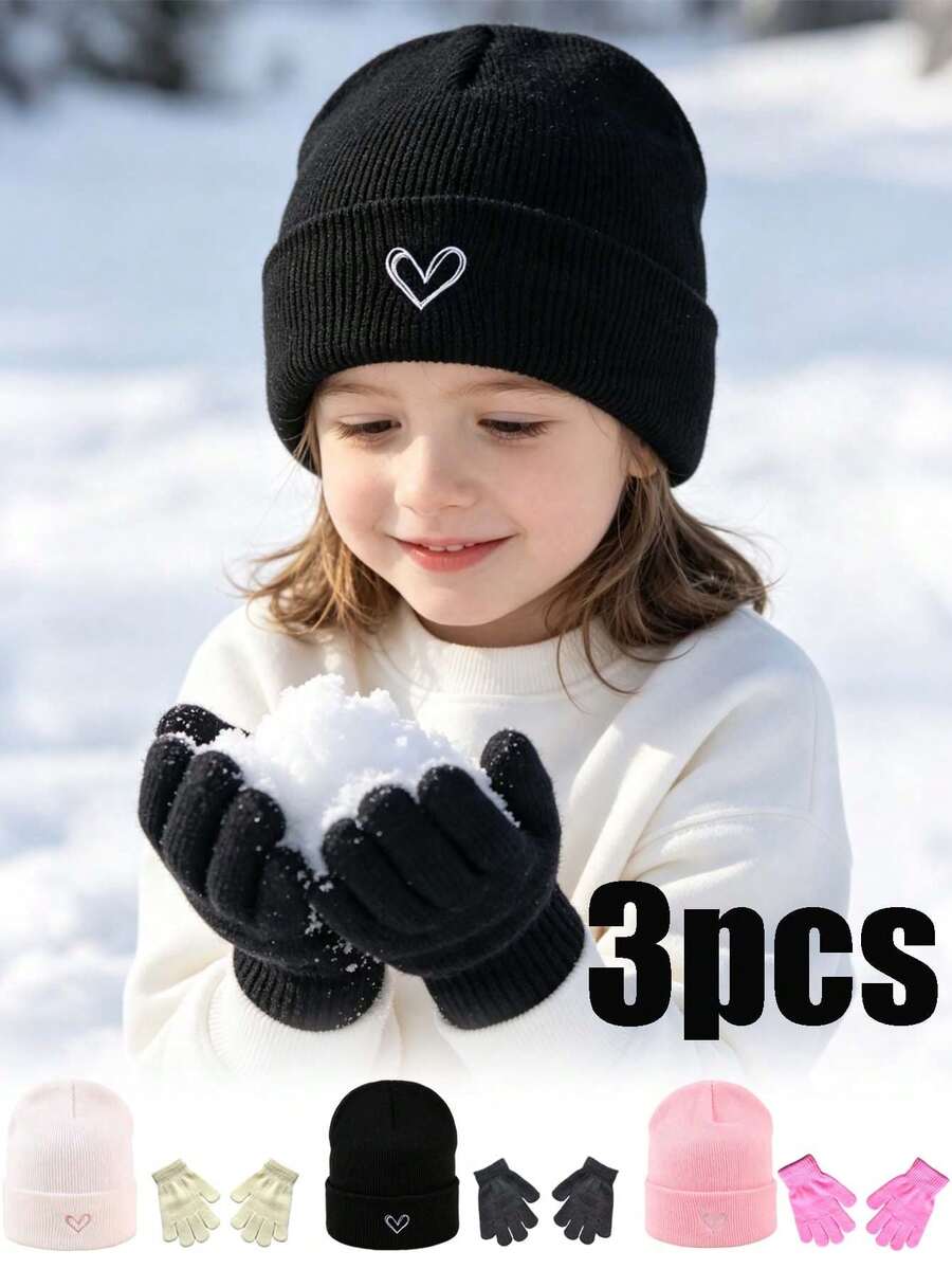 3pcs Autumn/Winter New Heart Embroidery Solid Color Kids Knit Hat & Gloves Set, Thickened Versatile Knitted Hat For Baby - Multicolor - View 1