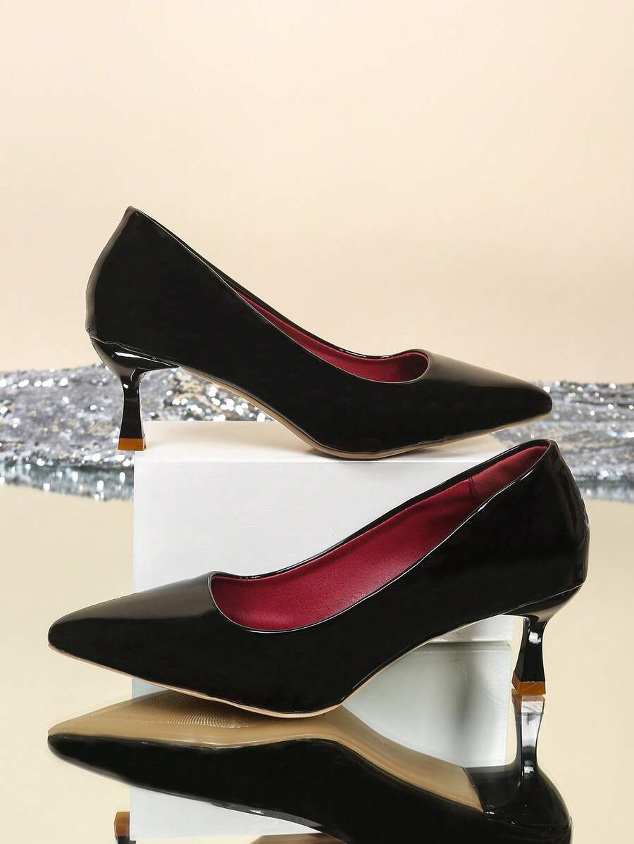 Ladies Fashion Pointed Toe Block Heel Shoes Metal Square Ornament Slip On Daily Work Party Pumps - Black - View 1