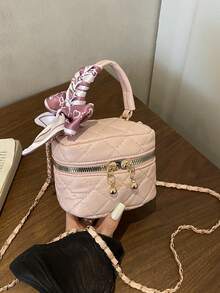 Pink Rhombus Chain Small Square Bag Mini Handheld Makeup Bag Versatile Crossbody Bag Heart Pendant Commuter Handbag - Pink - View 5