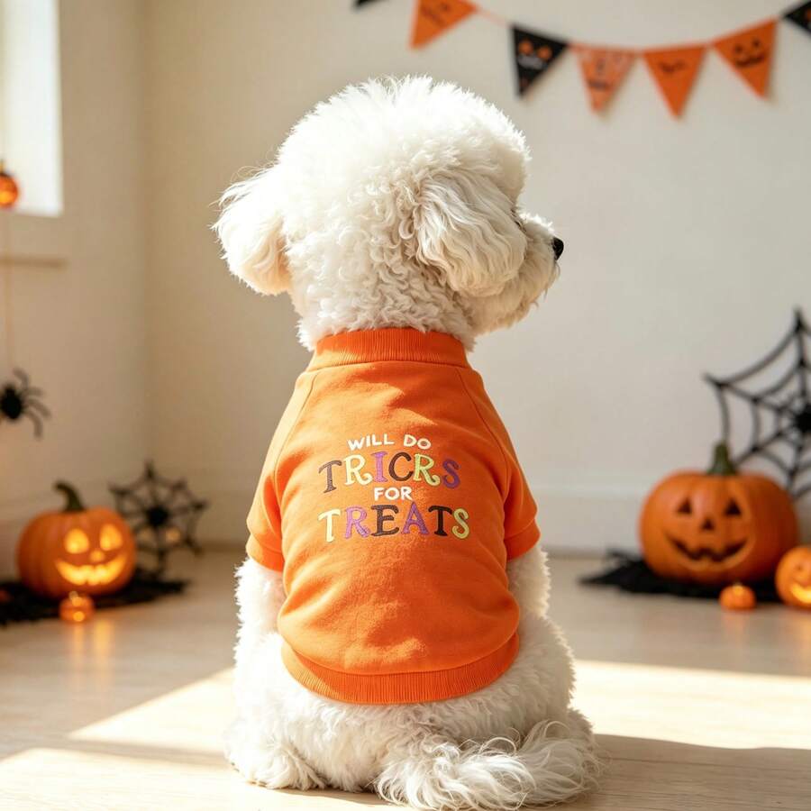 1PC Pet T-Shirt Dog Halloween Orange T-Shirt Funny Letter Print Pet Autumn Outfit Bichon Teddy Small Dog Holiday Party Warm Clothing - Orange - View 1