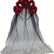 Dies' Gothic Floral Skull Hair Accessory With Veil, Day Of The Dead Floral Skull Hair Accessory, Suitable For Halloween Costume, Wedding - Multicolor - View 8