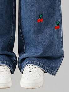 Tween Girls' Elastic Waist Denim Wide Leg Long Pants, All-Over Cherry Embroidery Washed Soft Denim Straight Leg Pants, Children's Casual Versatile Loose Long Pants - Blue - View 7