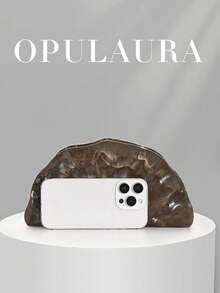 OpulAura 歐美時尚復古貝殼造型休閒紋理金屬色方型手拿包，不對稱設計手提包，磁吸開合，適合派對、婚禮、舞會、晚宴、女性生日派對及舞會聚會 - 咖啡 - 查看 4