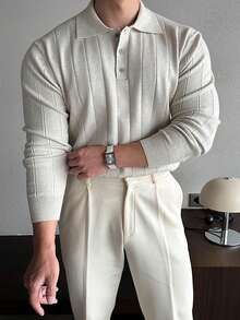 Men Knit Polo Sweater Lapel Button Long Sleeve Top, Minimal Smart Casual Shirt For Men Office Daily Commuter Outfit - Light Grey - View 1